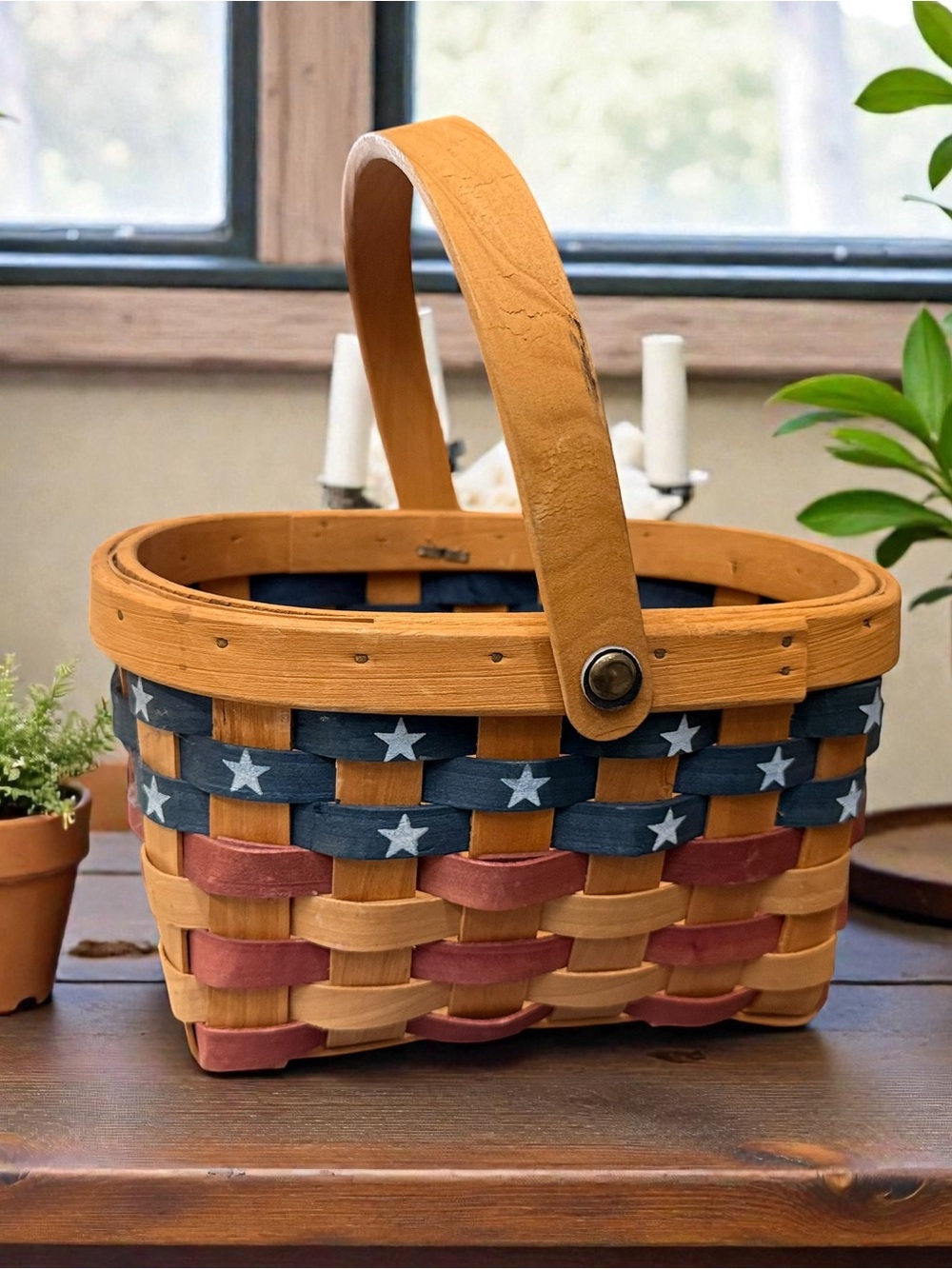 Patriotic Woven Small Picnic Basket with Stars - Rustic Red, Blue & Natural - 5”